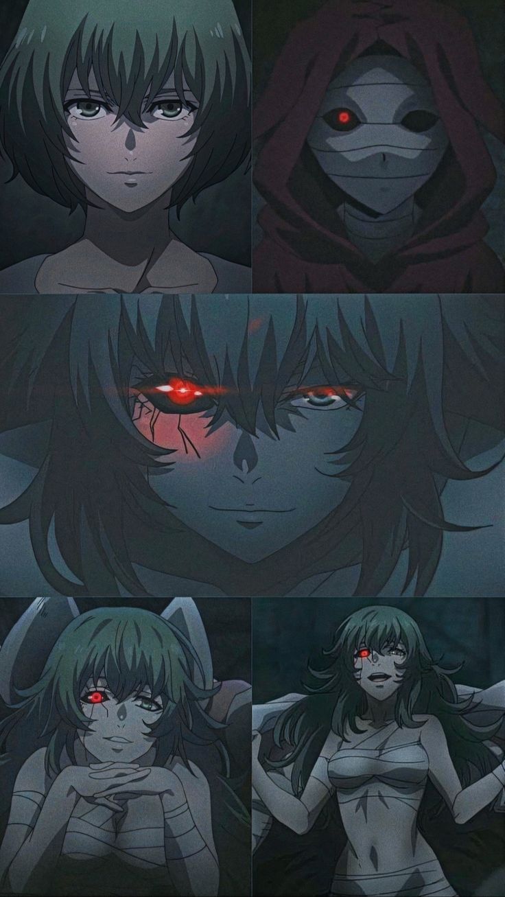 four different anime characters with red eyes