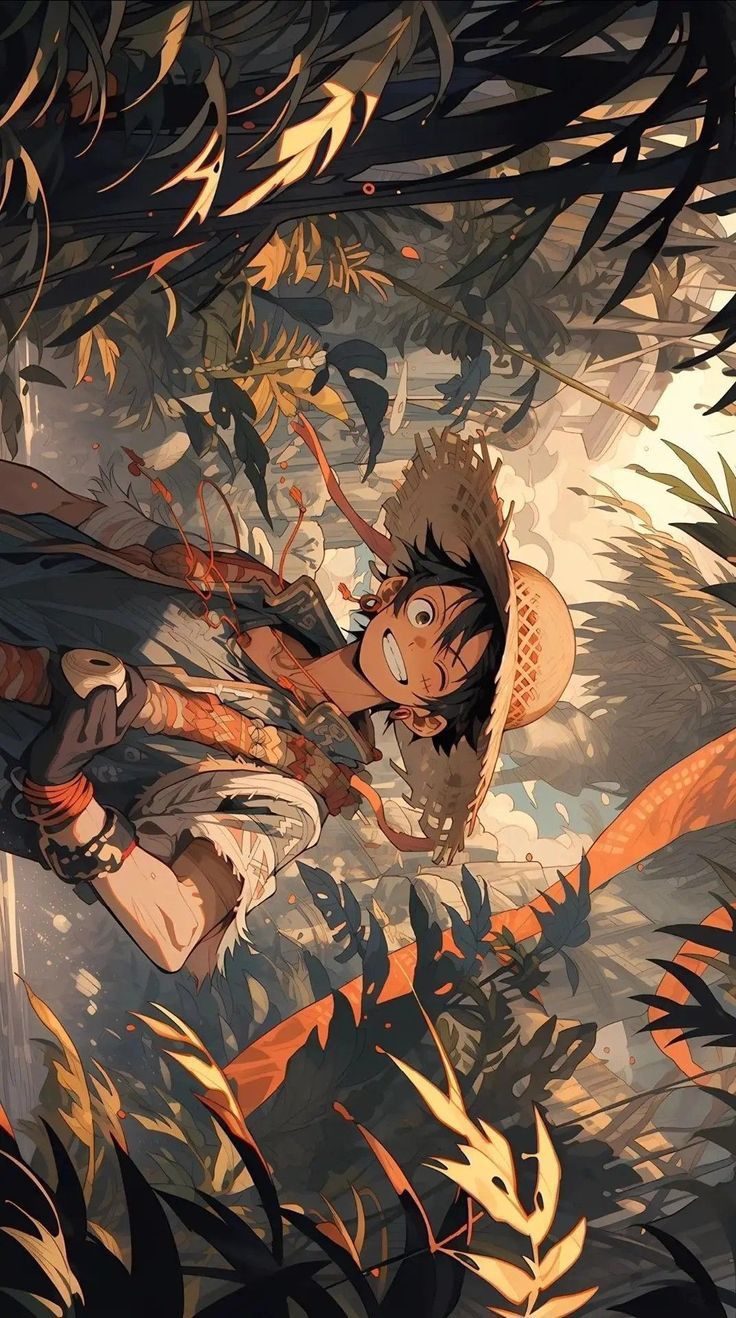 an anime character flying through the air with leaves on it's back and trees in the background