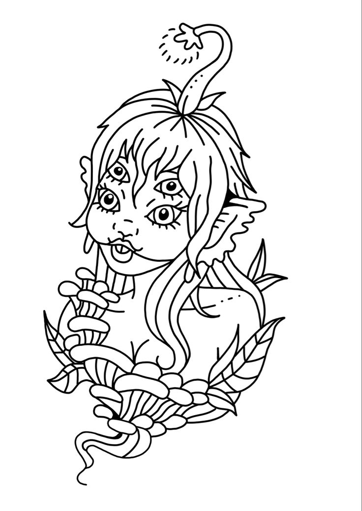 a drawing of a girl with flowers on her head and leaves around her neck, in black and white