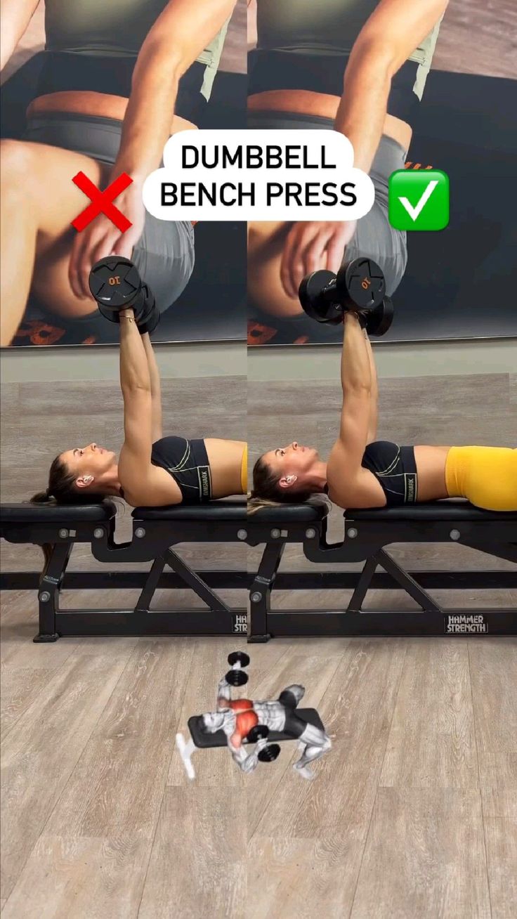 two women doing dumbbell bench presss with the words dumbbell bench press above them