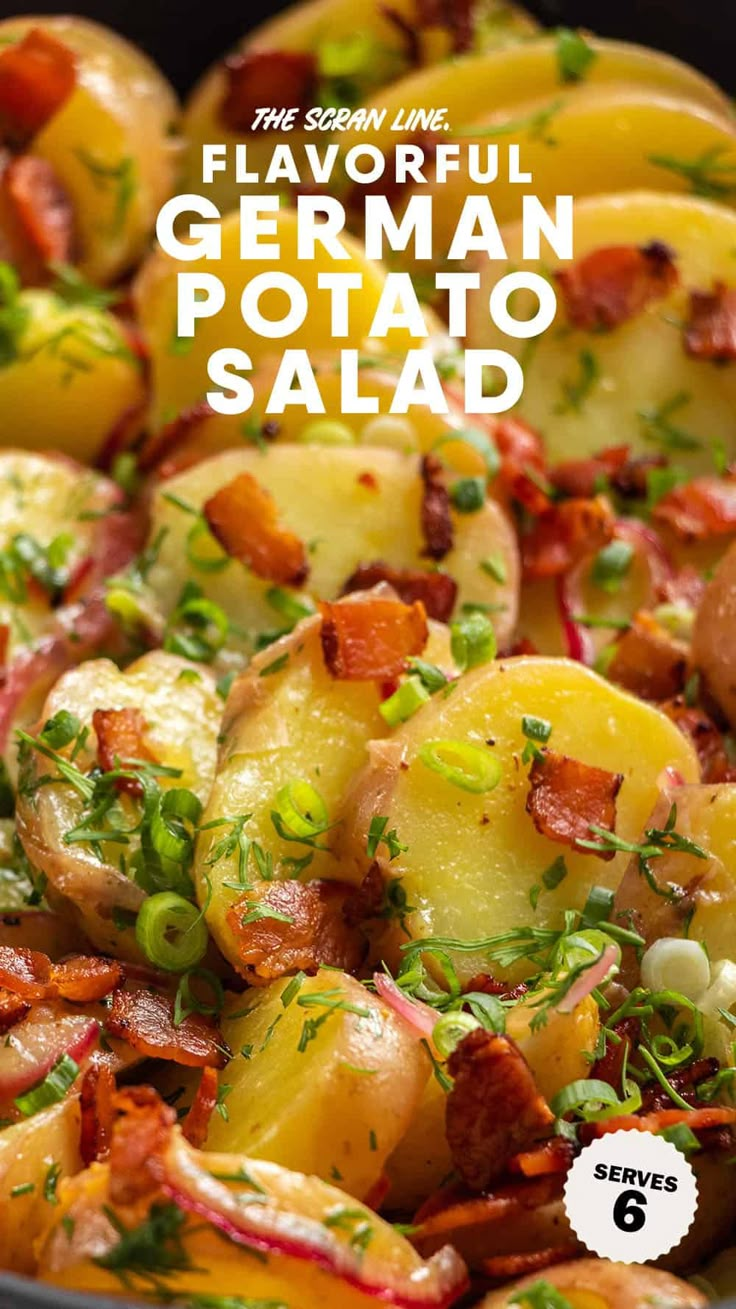 a pan filled with potatoes and bacon on top of a wooden table next to the words, flavorful german potato salad