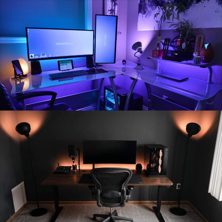 two different views of a home office with desks and computers in the same room