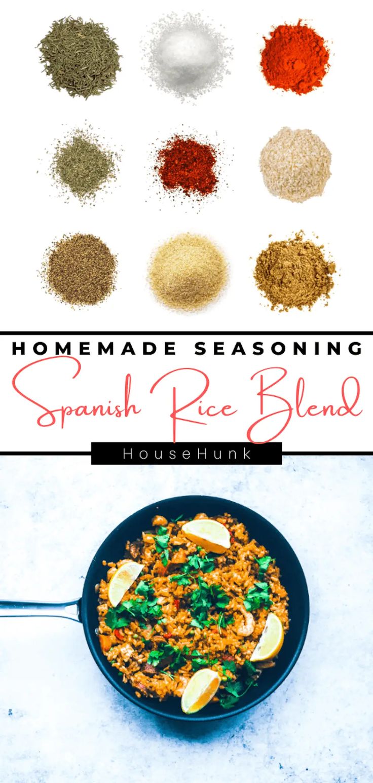 spanish rice blend in a skillet with spices and seasonings on the side to make it