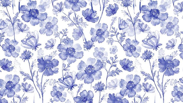 a blue and white flower pattern on a white wallpaper with lots of purple flowers