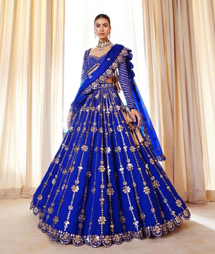 Royal Blue Big Flower Linear Lehenga Set Vvani by Vani Vats - Fabilicious Fashion Royal Blue Lehenga, Bridesmaid Lehengas, Lehenga Bridesmaid, Lehenga Bridal, Bridesmaid Lehenga, Crop Top Lehenga, Mirror Work Blouse, Sabyasachi Lehenga, Sequence Embroidery