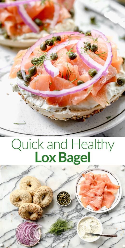 a bagel with smoked salmon, onions and capers on it is shown in two different views