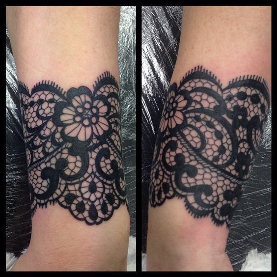 two pictures of black lace on the legs, one with an openwork design and another with