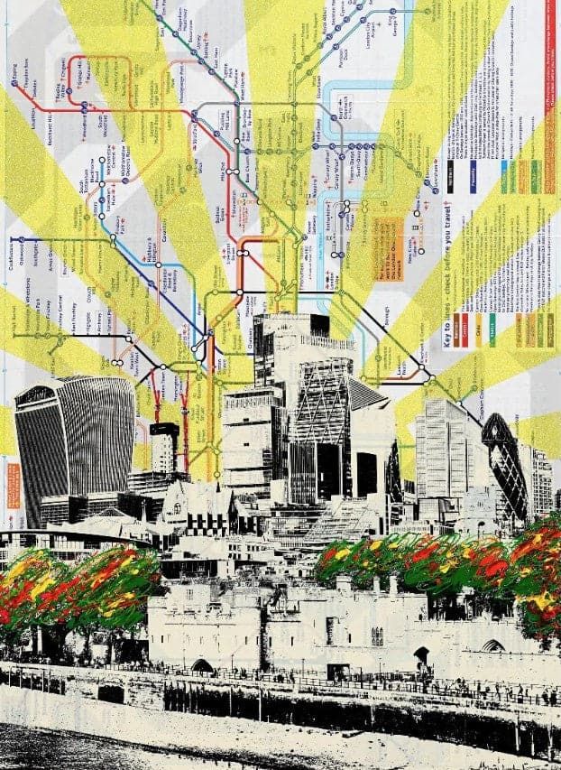 an image of a city with lots of yellow and red lines on the side of it