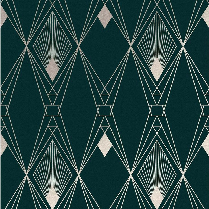 an art deco style wallpaper with white lines and diamonds on green background, in shades of