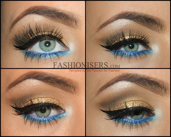 Gold Makeup Tutorial with Blue Under-Eye Liner Pixie Cosmetics, Blue Under Eye, Under Eye Liner, Make Up Gold, Under Eye Makeup, Makeup Steps, Makeup Glitter, Blue Eyeliner, Palette Makeup