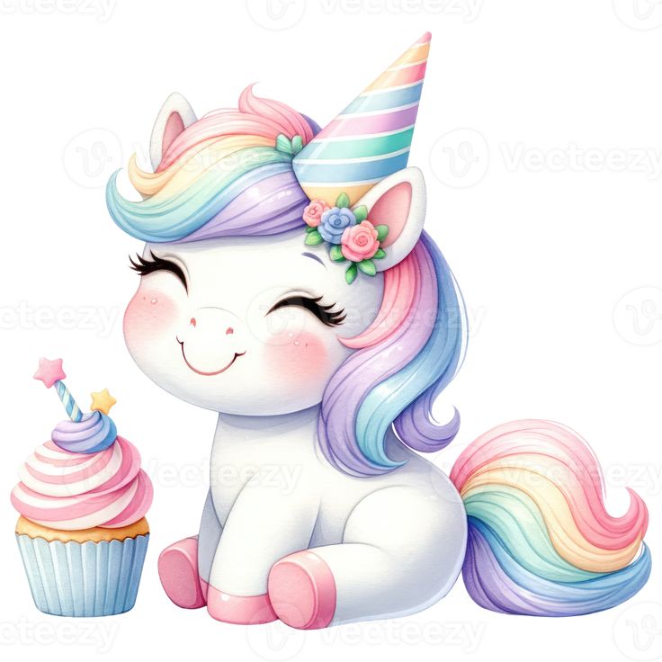 a cute little unicorn sitting next to a cupcake