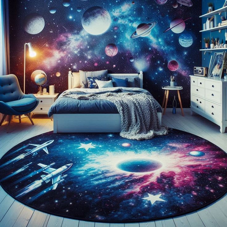 a bedroom with space themed walls and flooring