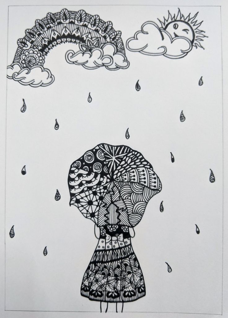 an ink drawing of a woman holding an umbrella in the rain with clouds above her