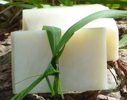 two soap bars sitting on the ground next to grass