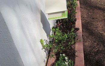 a white mailbox sitting on the side of a building next to a flower bed