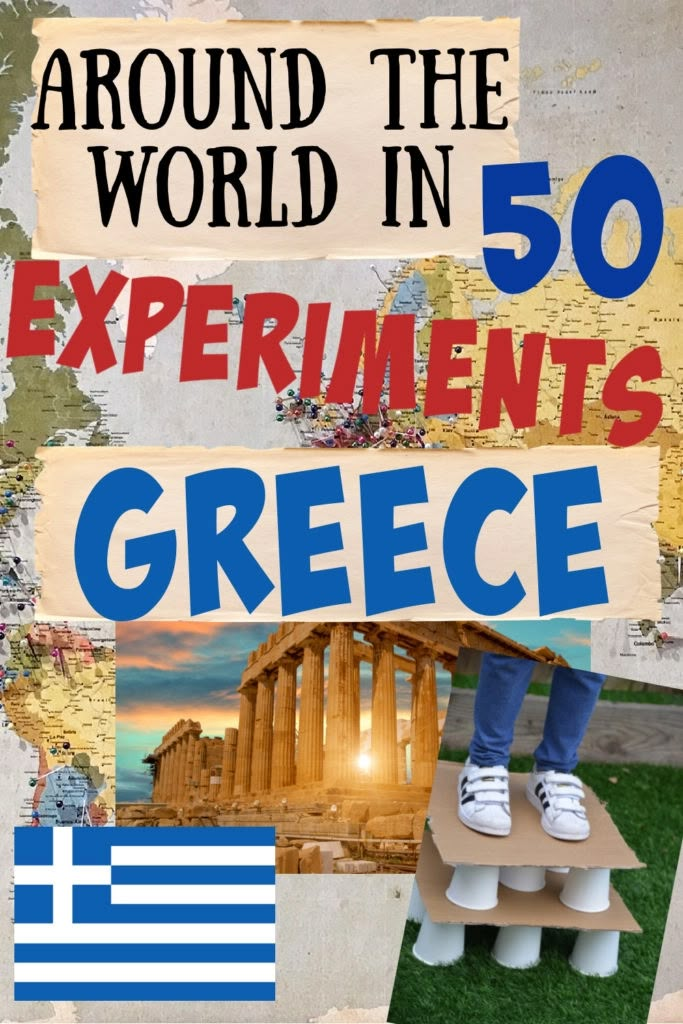 the cover of around the world in 50 experiments greece, with an image of a person standing on a pedestal