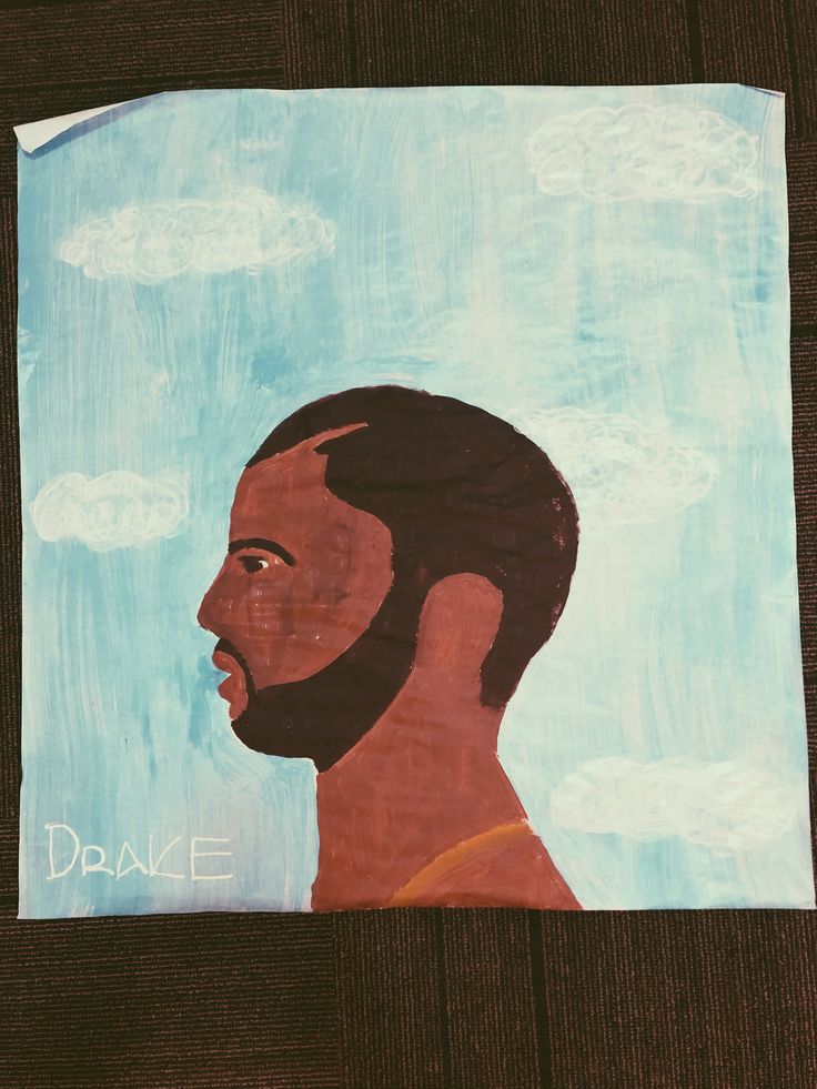 a painting of a man's face with clouds in the sky behind him on a piece of paper