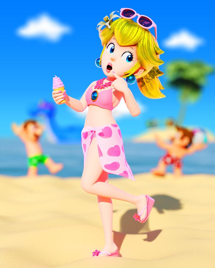 a cartoon girl is standing on the beach eating an ice cream cone