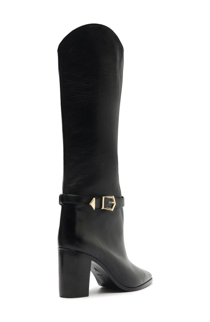 A geometric buckle accents the ankle strap on a pointy-toe leather boot shaped in a versatile knee-high silhouette. 3 1/2" heel (size 8.5) 14 1/2" shaft; 15 3/4" calf circumference Pull-on style Leather upper/leather and synthetic lining/leather sole Made in Brazil Elegant Fitted Knee-high Boots With Buckle Closure, Designer Heeled Boots With Buckle For Fall, Designer Heeled Boots With Buckle Closure For Fall, Formal Heeled Boots With Buckle Closure And Block Heel, Formal Block Heel Boots With Buckle, Elegant Fall Boots With Buckle Closure, Designer Knee-high Heeled Boots For Work, Leather Knee-high Boots With Buckle And Pointed Toe, Designer Knee-high Boots For Workwear