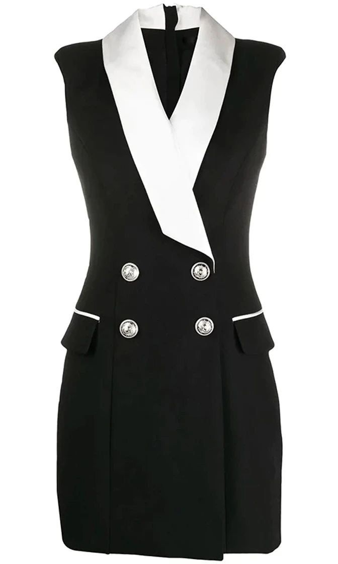 DESCRIPTIONEmbody your fierce self in this super boss Tuxedo Dress. With a deep neckline and gorgeous silver buttons, this is your go-to sophisticated tuxedo dress! From the office to the dancefloor, the Alyce Tuxedo Dress is for every boss woman. Pair with your favourite stockings and black pumps. FIT, MATERIAL & CAREMaria is 172cm/5'8 and wears a size S75% Cotton, 25% PolyesterMachine wash cold Reiss Tuxedo Dress, Dance Wear Outfits, Sleeveless Blazer Dress, Gorgeous Wedding Dress Princesses, Wedding Dresses Boho, Tux Dress, Wedding Bridesmaid Dress, Double Breasted Tuxedo, Elegant Clothing