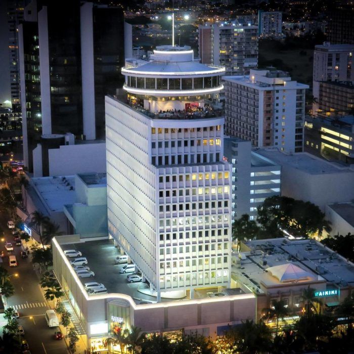 an aerial view of a city at night