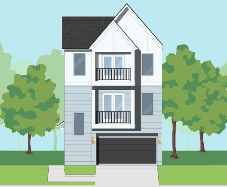 a drawing of a two story house with trees in the background