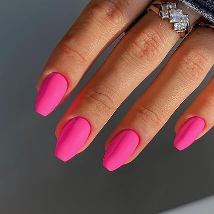 🌸💖 Brighten up your manicure with these matte hot pink press-on nails! Featuring a trendy trapezoid shape and short ballerina coffin design, these medium-sized acrylic nails are perfect for making a bold statement this season. Easy to apply and fabulous for any occasion! 💅✨ #HotPinkNails #PressOnNails #BoldManicure #NailArtFun Medium Square Gel Nails, Medium Coffin Nails, Glue On Nails Short, Nails Medium Coffin, Square Gel Nails, Nails Press Ons, Medium Coffin, Short Fake Nails, Press On Nails Medium