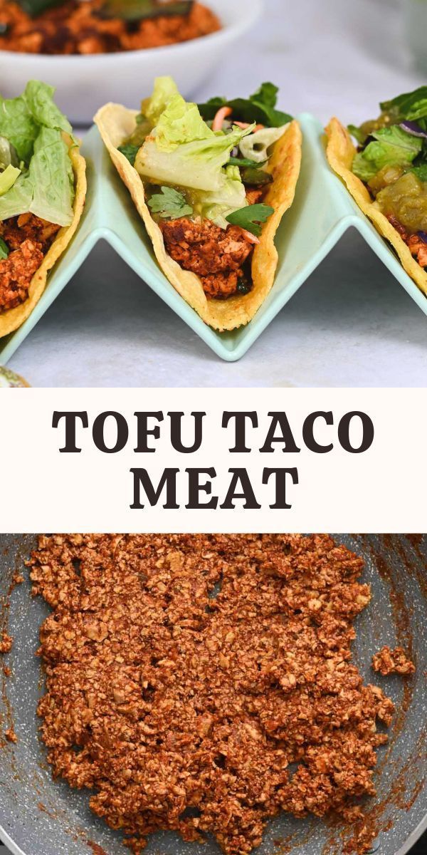 tofu taco meat in tortilla shells with lettuce and tomato sauce