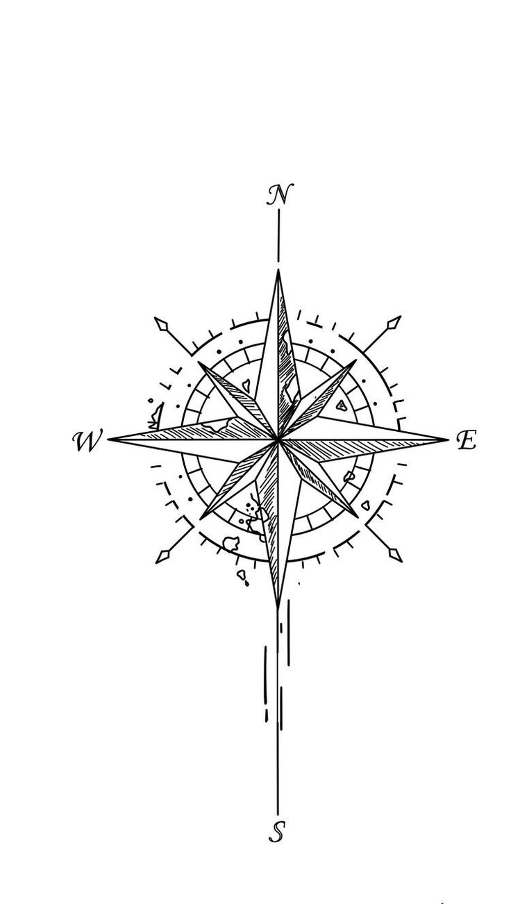 a black and white drawing of a compass