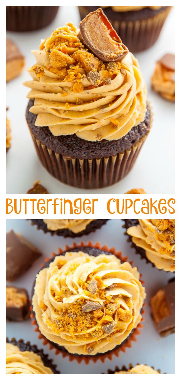 cupcakes with peanut butter frosting and chocolate chips on top are shown in three different views