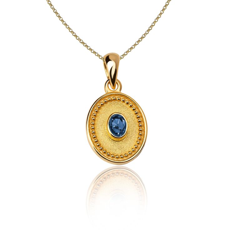 "The beauty of Byzantine style jewelry, completely handcrafted in Greece with the old-fashioned way, is omnipresent. An outstanding solid yellow gold pendant with Byzantine design decorated with genuine sapphire, remains a classic and elegant choice for everyone. Bold and traditional, you will not take your eyes off. Neither will your friends! High Quality Handmade Greek jewelry! ✔ Dimensions: Inches: 0.76 X 0.41 inch ✔ Dimensions: Millimeters: 20 x 10.5 mm ✔ Chain Dimensions: 45 Cm ✔ Stone Size Gold Plated Byzantine Jewelry, Byzantine Oval Gemstone Jewelry, Byzantine Style Oval Gemstone Jewelry, Gold Oval Byzantine Jewelry, Oval Byzantine Gold Jewelry, Gold Byzantine Jewelry With Bezel Setting, Yellow Gold Oval Byzantine Jewelry, Elegant 22k Gold Jewelry With Bezel Setting, Traditional Yellow Gold Jewelry With Birthstone