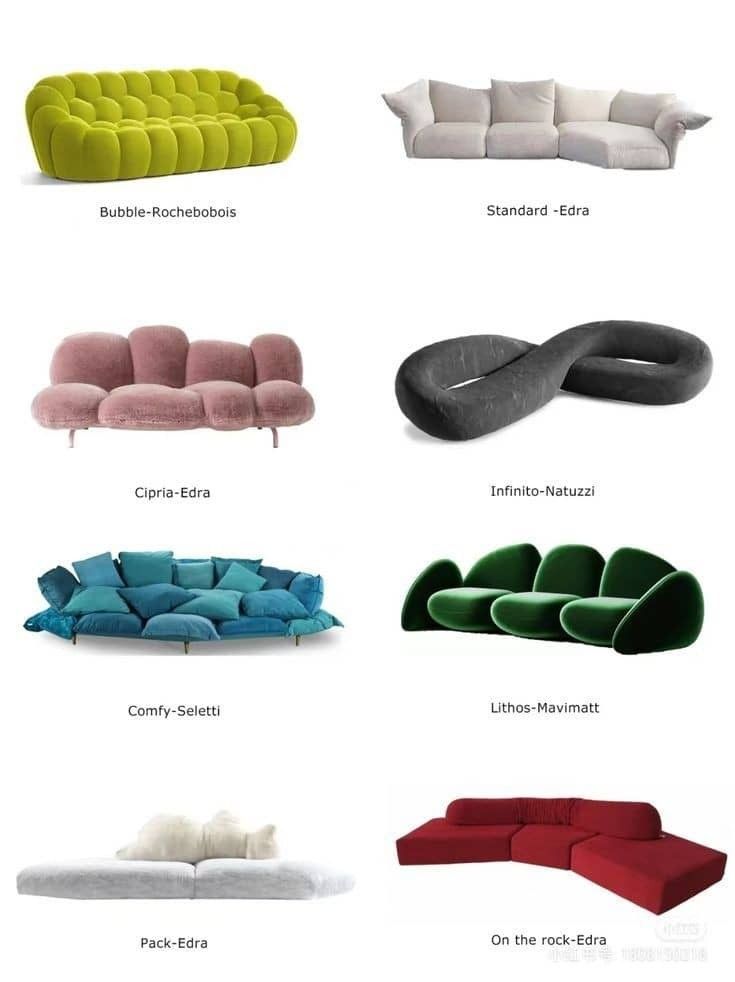 the different types of sofas and chairs are shown in various colors, shapes and sizes