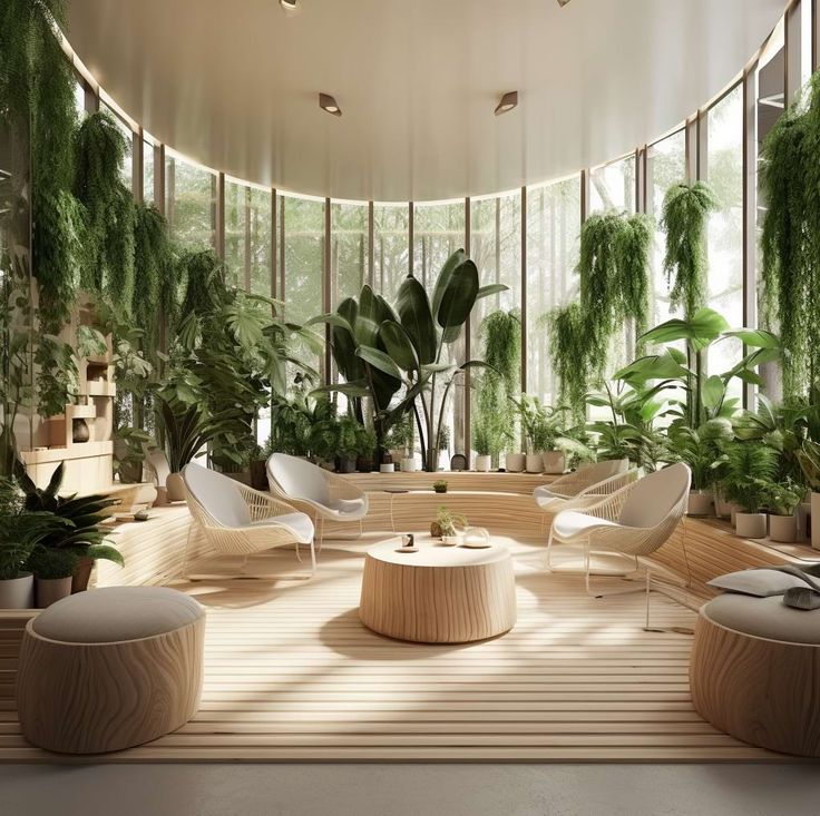 a room filled with lots of plants and furniture