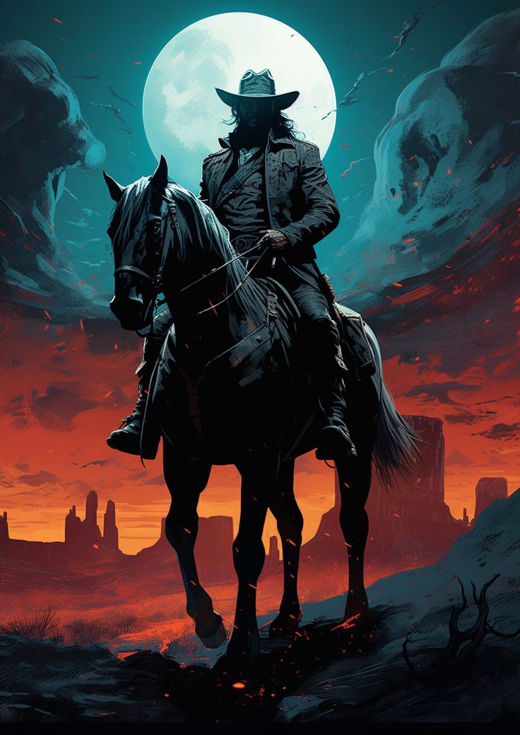 a man riding on the back of a horse in front of a moon filled sky