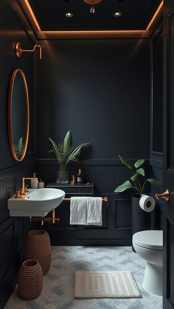 Create a Dark Moody Bathroom: Step-by-Step Guide Black Water Closet Bathroom, Dark And White Bathroom, Mood Bathroom Ideas, Bathroom With Dark Ceiling, Dark Powder Bathroom Ideas, Dark Moody Guest Bathroom, Dark Academia Half Bathroom, Moody Hall Bathroom, Moody Tiny Bathroom