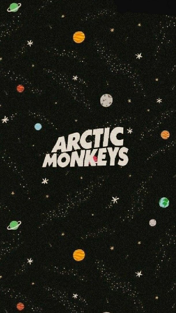 the arctic monkeys logo surrounded by planets and stars in black background with white lettering that reads arctic monkeys