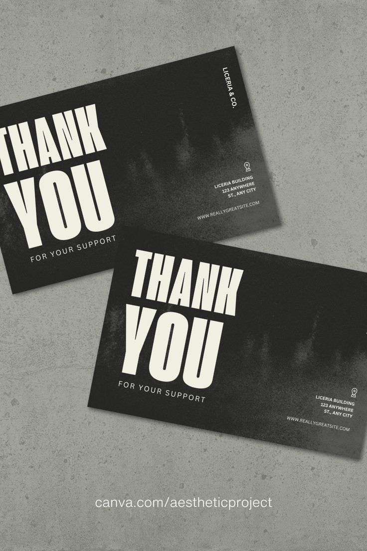 two black and white business cards with the words thank you