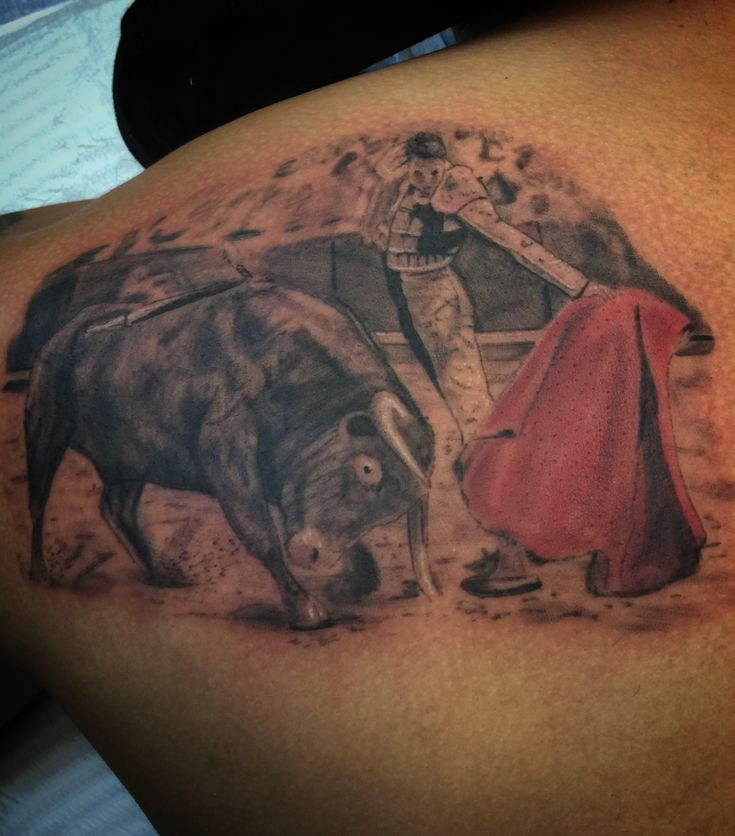 a man with a tattoo on his back has two bulls in front of him and a red cape around his neck