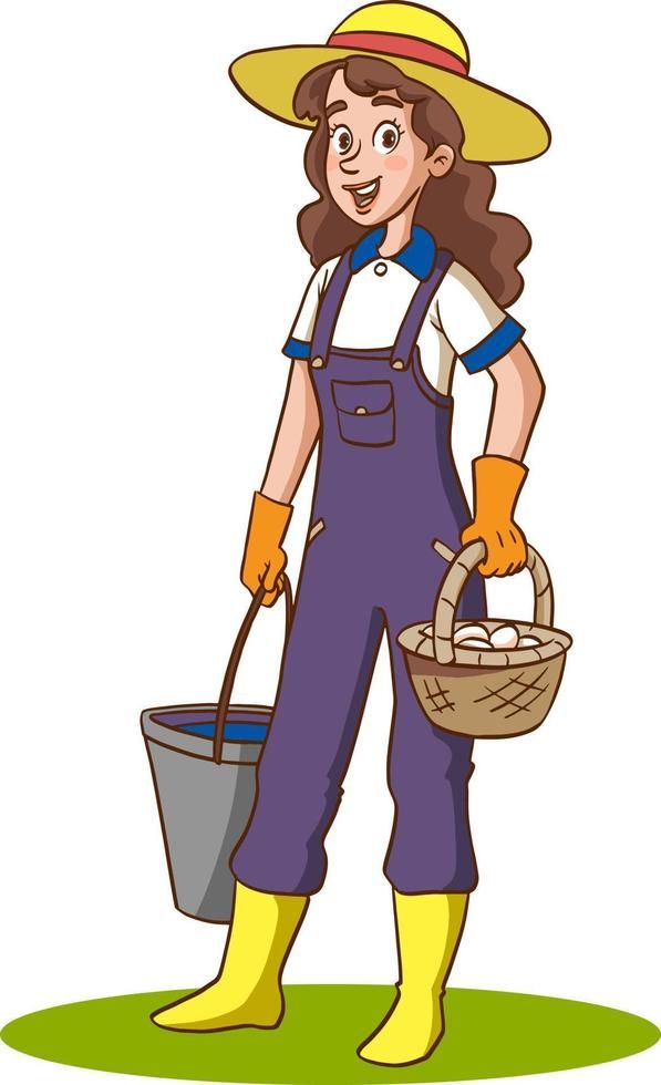 a woman in overalls holding a basket