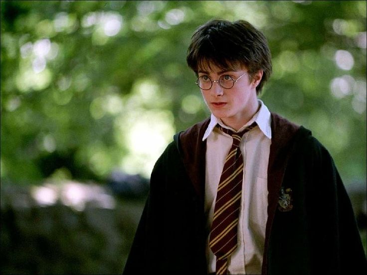 a young man wearing glasses and a harry potter tie standing in front of some trees