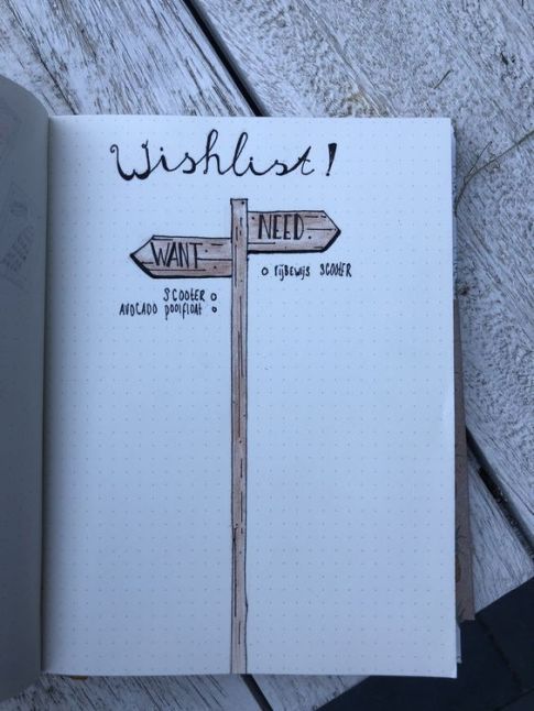 an open notebook with a cross on it and the words wishlist written in black ink