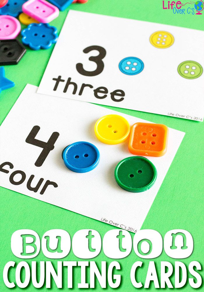 buttons and counting cards with the words, 3 three four