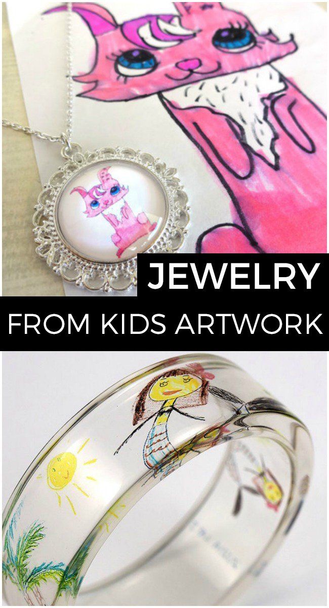 jewelry from kids artwork is shown with the text, jewelry from kids art work on it