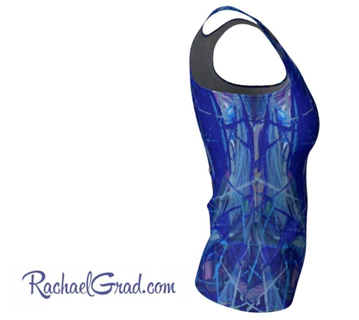 Fitted Tank Top with Blue Abstract Art by Toronto Artist Rachael Grad white background side Blue Casual Activewear With Graphic Print, Casual Blue Activewear With Graphic Print, Blue Graphic Print Athleisure Activewear, Blue Athleisure Activewear With Graphic Print, Blue Graphic Print Activewear For Sports, Fitted Activewear With Sublimation Print For Workout, Fitted Blue Activewear For Summer, Blue Fitted Activewear For Light Exercise, Fitted Tank Top