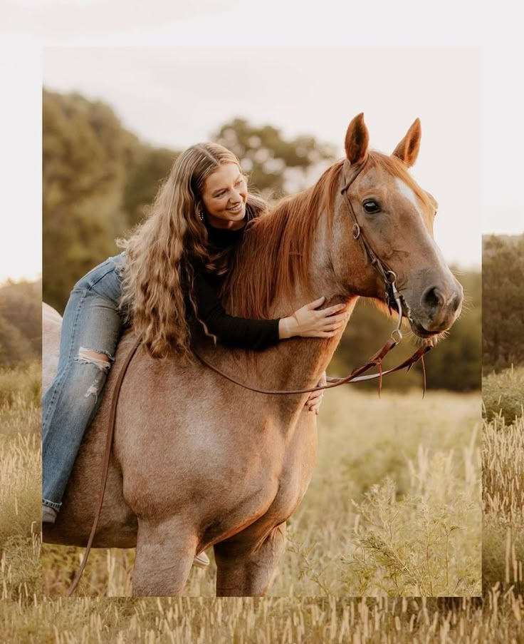 a woman riding on the back of a brown horse in a field with tall grass