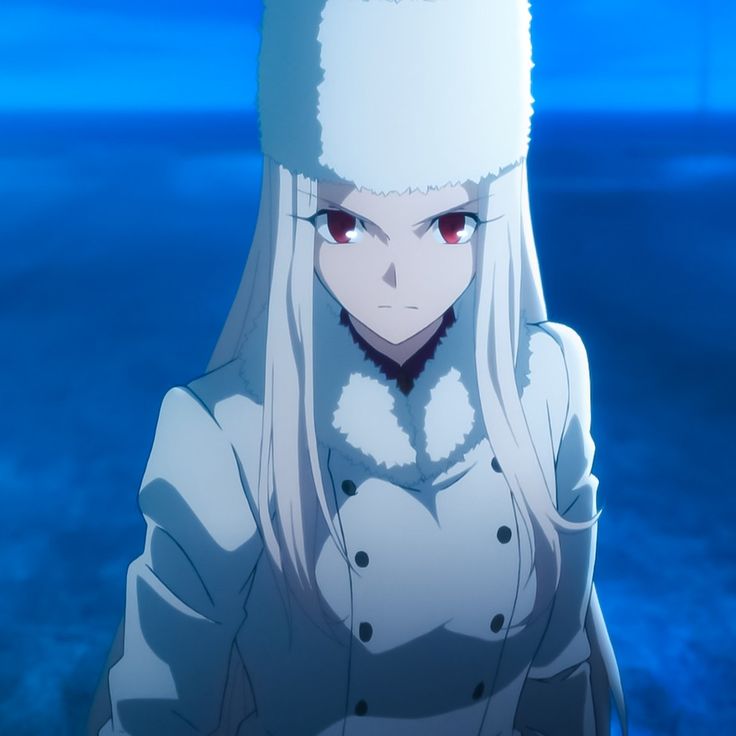 an anime character with long white hair and red eyes standing in the water looking at the camera