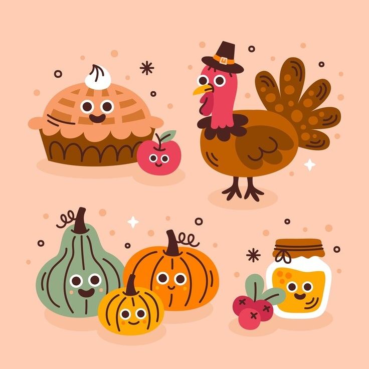 a cartoon turkey and other food items on a pink background