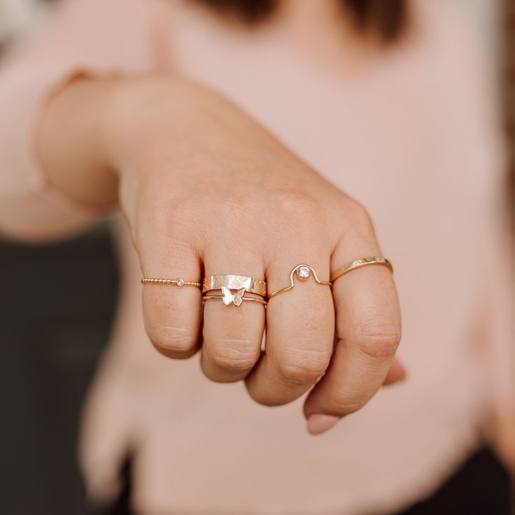 Shimmering wings, delicately perched on your finger 🦋 our graceful Butterfly Ring is sustainably handcrafted to order order, right here in our little studio! Check out the entire Butterfly Collection and our Tiny Butterfly Ring for an even daintier version of this ring! DETAILS Available in 14k gold filled, 14k rose gold filled, sterling silver, solid 14k yellow gold or solid 14k rose gold. The band is smooth and is approximately 1.4mm. The butterfly measures 8mm across. Each ring sold separate 14k Gold Stackable Solitaire Rings, 14k Gold Filled Midi Promise Rings, 14k Gold Filled Midi Rings For Anniversary, Dainty 14k Gold-filled Stackable Promise Rings, 14k Gold Filled Open Rings For Wedding, Fine Jewelry 14k Gold Filled Stackable Promise Rings, Fine Jewelry 14k Gold Toe Stackable Rings, 14k Gold Filled Stackable Rings For Promise, Fine Jewelry 14k Gold Stackable Toe Rings