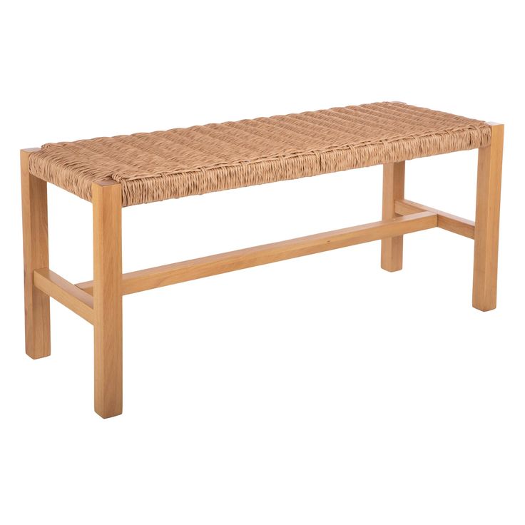 a bench made out of wood and wicker sitting on top of a white background