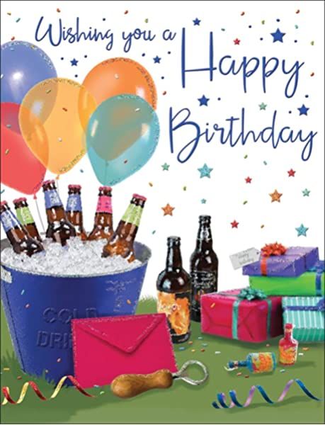 a birthday card with beer and balloons in a bucket on the grass next to presents